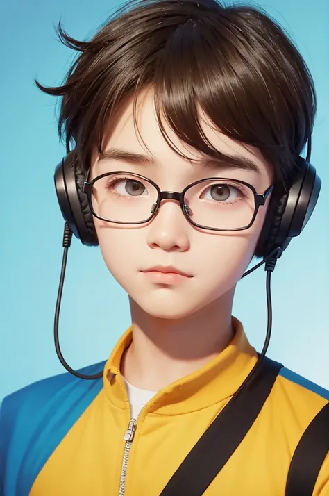 Animated illustration of a boy with slightly sleepy eyes wearing a headset and glasses