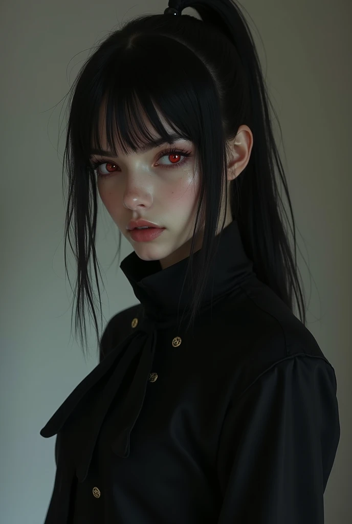 The girl is 193 centimeters tall and is a handsome girl with a beautiful face. In some places, he was mistaken for a man. Black hair, red eyes, sharp eyesight, and hair pulled back in a shoulder-length ponytail. Wear black clothes like an English nobleman....