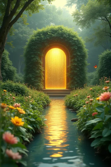  Beautiful green garden , there is a butterfly ,  in the middle of which there is a door of gold .  The door stands alone without a wall as its barrier.  there is a river with flowing water.  very clear water 