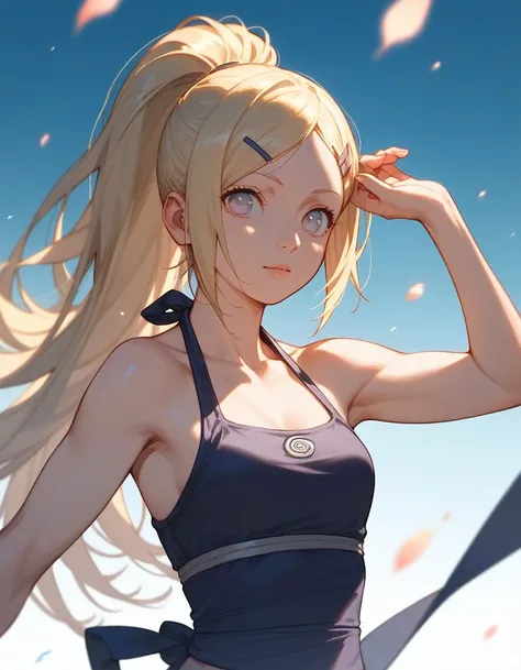 score_9, score_8_up, score_7_up, (solo), 1girl, ((ino yamanaka)), long hair, naruto, blond hair, medium breast, (((pose))), ponytail, hands, fingers, halter top, big eyes, 