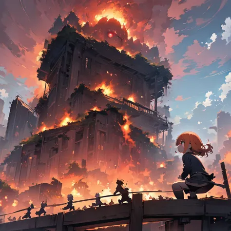 masterpiece,  Best quality , girl,  orange hair,  red eyes, Scenery, outdoors, Rampage, with tiny, little people, fleeing, Scared, Fire, Smoking, red sky, from below, sitting, giga size