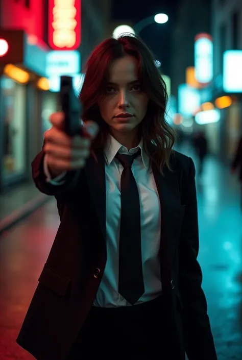 ((masterpiece)) ((photography)) ((Highest quality)) a cinematic scene of a curvy woman resembling John Wick, wearing a sleek black tailored suit with a white shirt and black tie. She has John Wicks signature shoulder-length hair and holds a pistol aimed di...