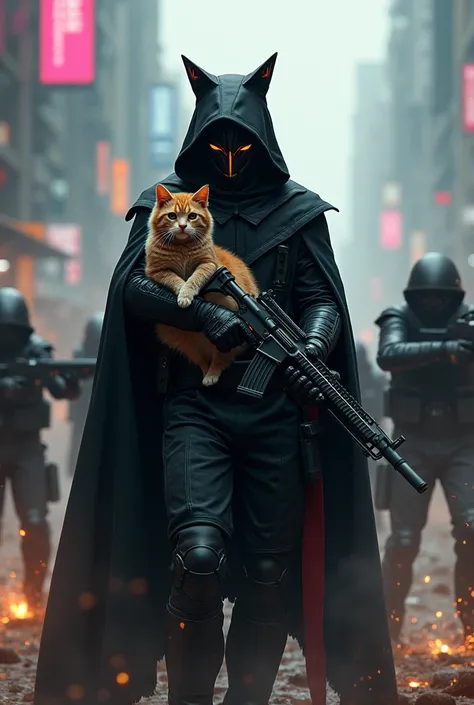 Mysterious man in a black cloak and high-tech cat mask, holding a cute cat in one arm and a glowing futuristic weapon in the other. He stands in the center of a high-tech cyberpunk setting, surrounded and attacked by armed enemies in cyberpunk armor wieldi...