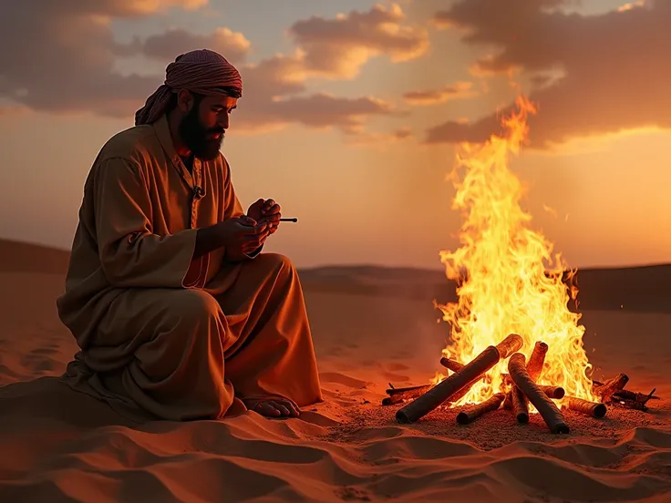 create a real photo, of very high quality. Where in the desert can we see the Prophet Mohammed in front of his khaima, Who eats sausages cooked over a wood fire , autour du feu des cochons regardent les saucisses griller