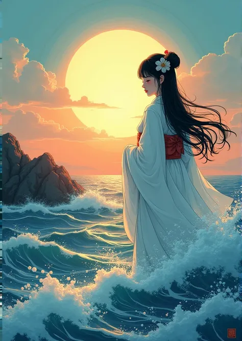  generates an illustration for the cover of a book called  "The breath of the sea "  the story is set in Japan ,  the book is about a writer who meets a womans Yūrei,  the colors are those of dawn ,  the Yūrei is in the distance you must see the landscape,...