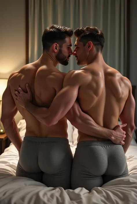  two white men , gay, in bed,  ,  fat ass, big butt de hombre, wearing  gray pants , tight  gray pants ,  huge mens booty ,  hugging   in bed,  Their asses are huge , fat ass,  round butt,  big ass,  comically huge ass , full butt, juicy butt,  I can see t...