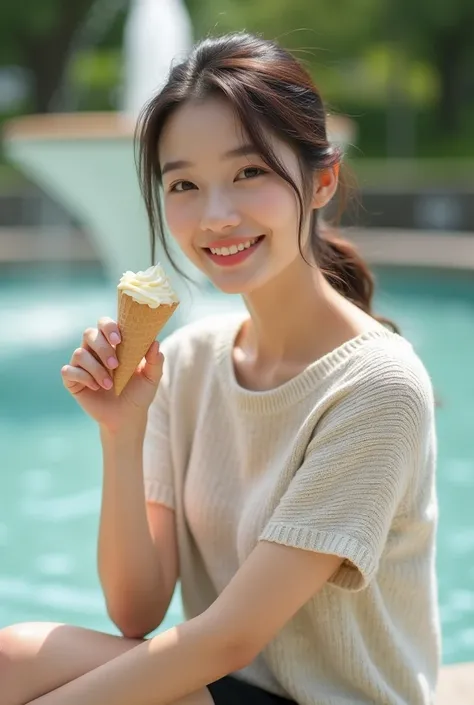 close-up of beautiful Korean woman, hair tied, wearing short-sleeved kneet sweeter, holding ice crem, bokeh background, UHD, white t-shirt, full body look, park background, smile, non naked, non nsfw, visible to the feet, sitting next to the fountain 