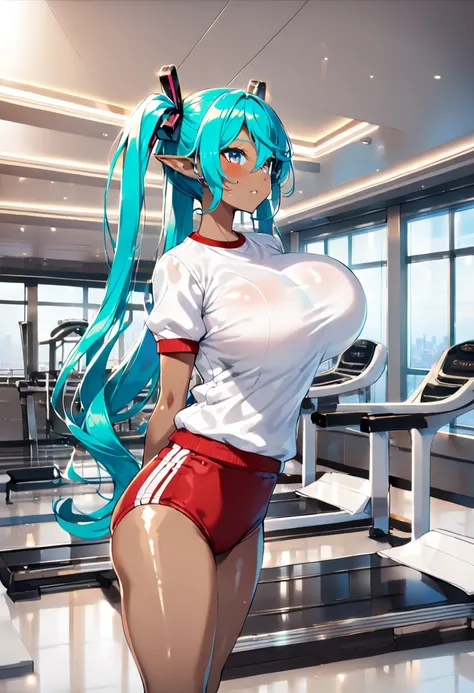 (hatsune miku, elf:1.2), (pointy ears:1.4), (dark skin:1.4), (large breast:1.4), (gym uniform, buruma:1.4), (gleaming skin, shiny skin:1.4), (training:1.4), (luxurious penthouse, indoor rooftop gym:1.4),