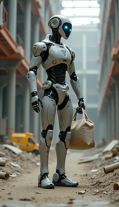 One human-like engineer robot designs a futuristic world in a construction building holding a sack of mortar 