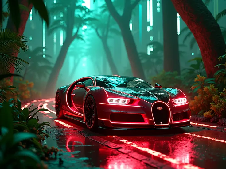 A Bugatti Veyron in the cyberpunk Jungle with red and green neon lights 