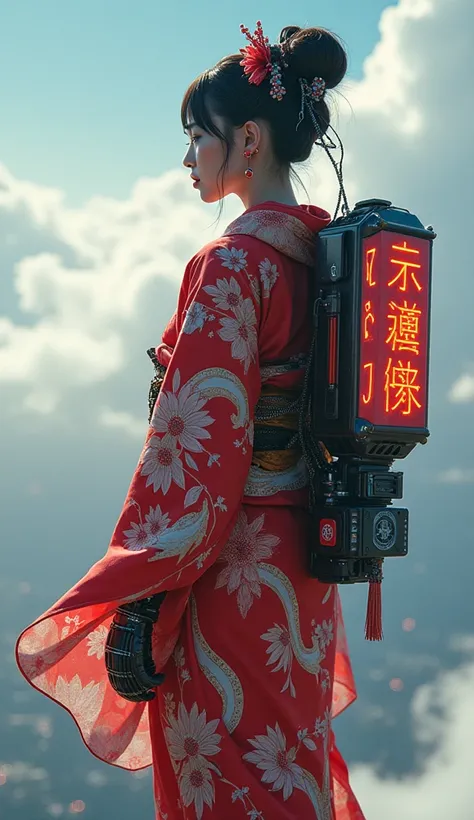 NFSW, Photographically, Ultra-realistic,  very beautiful Japanese ,Cyborg Geisha  (Wear a kimono with a neon sign that is fused with the extremely complex and multi-layered cyberpunk mecha:1.3), ( she floats in the air using a rocket engine on her back:1.5...