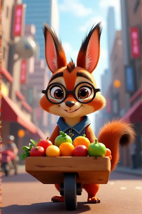 there is a squirrel wearing glasses pushing a fruit cart, 🐿🍸🍋, in zootopia city, as a clay cartoon character, squirrel servant, hd wallpaper, high quality wallpaper, zootopia 2, cartoon, 7 2 0 p, 720p, 240p , lovely digital painting 