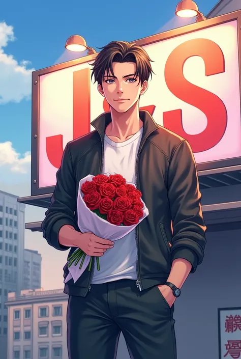 Handsome man Philippines anime style wearing casual with bouquet of roses and Billboard write name "J & S"