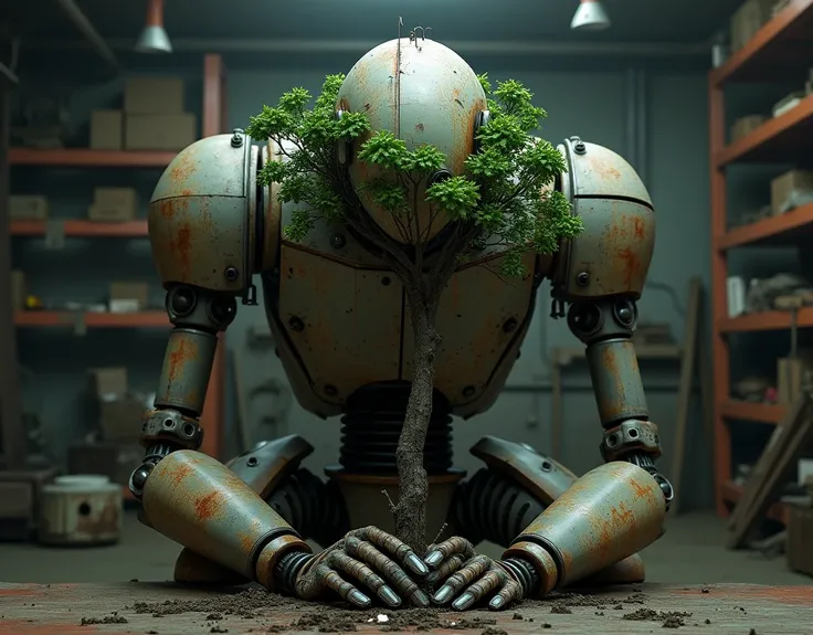 An old robot grows one tree, human-like, indoors