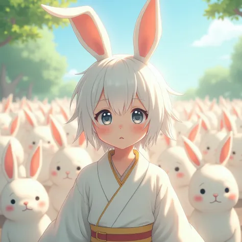 Anime images, 4K, เด็กผู้ชาย, white hair,Wear, Korean face,  rabbit ears , white yukata,On the nerves ,
There is a herd of rabbits in the back