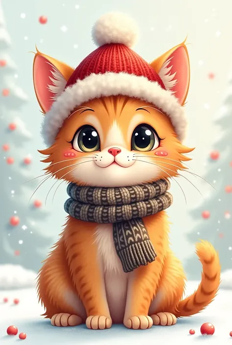 Cute Cute Christmas Cartoon Cat High Definition Print Wearing Scarf Hat