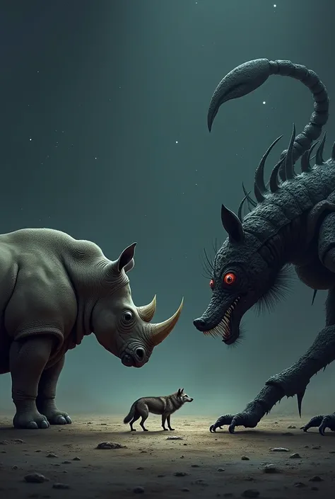 Imagine three powerful creatures—a rhinoceros, a wolf, and a giant scorpion—sitting opposite each other in a tense, silent standoff. The rhinoceros, with its thick, armored hide and massive horn, sits solidly, exuding a quiet strength and resilience. Its g...