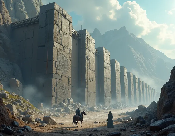 Wall Taking Shape from Massive Stones: Illustrate the wall of Asgard under construction, with massive stones being lifted into place. The scale of the wall and the boulders should make the giant and his horse seem almost small in comparison.