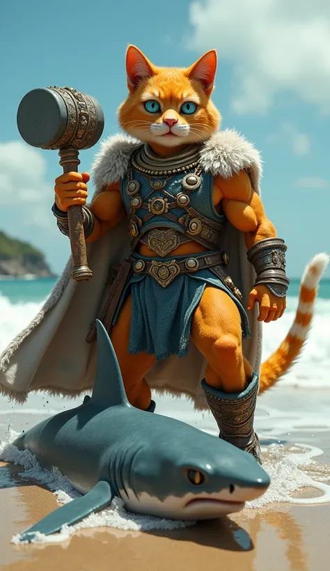 (photorealism:9.16)  Make a picture facing the camera of an orange man cat, athletic burly body ,  her eyes are blue , big nose, wear an ancient royal outfit , military shoes ,  holding the hammer of thor , was watching a stranded shark ,  one of its legs ...