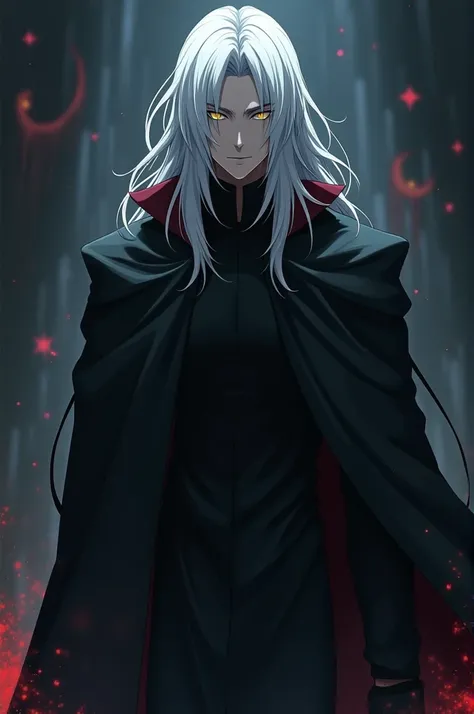 Anime boy with long white hair, black cloak, dark side, villain