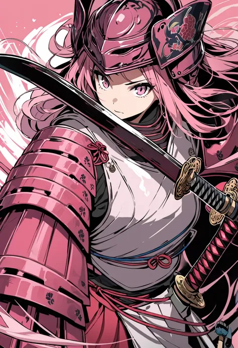  girl,  long tousled pink hair, Samurai Armor, Samurai Helmet, Slash katana 