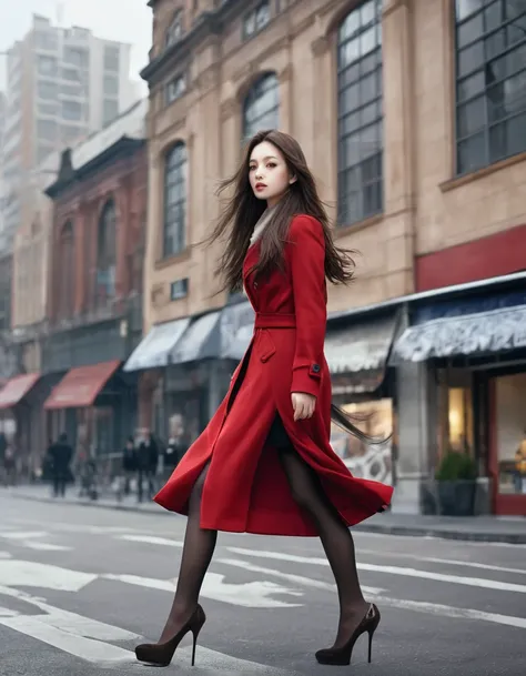 ,beautiful woman with long brown hair windy hair,A high-resolution, Masterpiece,Best quality,Extremely detailed,1girll,City, street, Black skirt, Red coat, Eye focus, Flesh-colored pantyhose，high-heels
