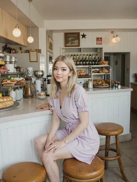 her name is Marie, high quality, 1girl, ((20-year-old fit Caucasian woman)), ((20 years old)), ((fit)), ((pale skin tone)), medium length straight blonde hair , wearing Pastel Lavender Linen Wrap Dress, pose: sitting on a diner chair, background: Write abo...