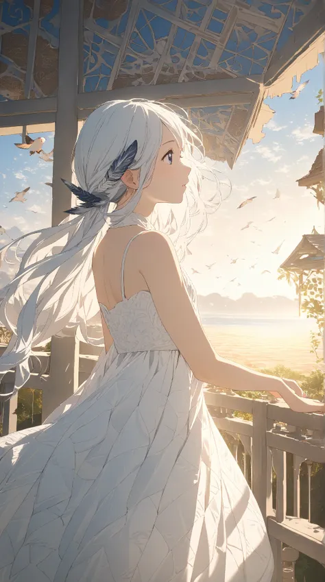 1 girl, ( cute face),  long hair, to many hairstyle,  small breasts,  light white dress ,  patterned scarf, feather accessory ,  Pottery skin , break,  under the blue sky, (Soft Light:1.2),  Serene Atmosphere , break, Gentle Breeze,  Bird Chirping , Fantas...