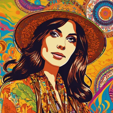 [Portrait], [Hippie psychedelic pop art, Illustration, 1970s style], [British woman, looking at the camera], [70s fashion, hippie fashion], [pattern background, Cel animation, official art], [4K, masterpiece, beautiful artwork, digital painting, digital ar...