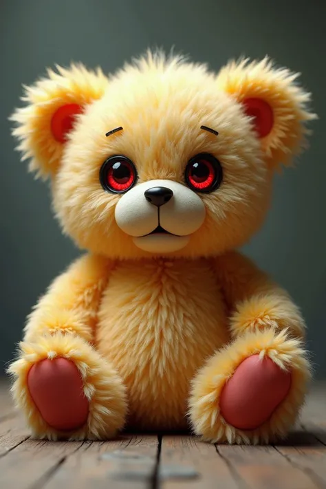 A teddy bear with blond fur and red eyes 