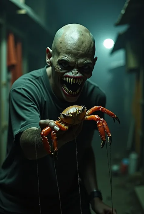 Realistic front side view photo, a  , shaved bald, has a strange scary face, vertical mouth and sharp fangs, while carrying a toy crab by pulling a string, in the dark at night in an Indonesian slum