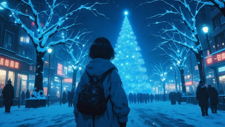 （masterpiece、high quality、High resolution、detailed、８k)、 back view of a female（short hair), walking along（ upper body）、In a snowy city 、The blue LED illuminations of street trees are shining、The light spreads over and over and blurs in a circle（Blur：1.2）、Bi...