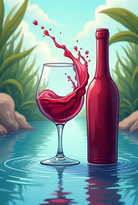 One beautiful glass red wine, wine splashing from glass on right side, one red bottle of wine near the glass, in a beautiful watery place, cartoon style 