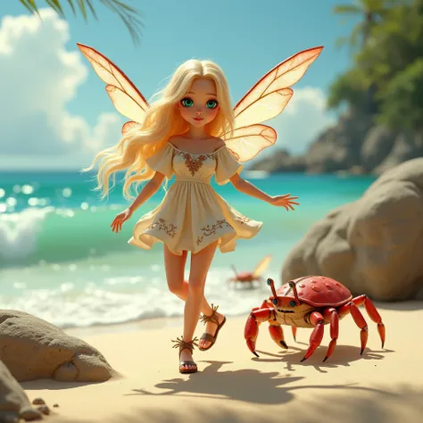 Create an image a fairy on a beach catching vampire crabs. She has blonde hair, green eyes, and is wearing a cute outfit.