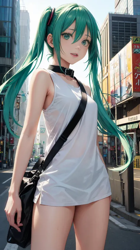 27 years old, Hatsune Miku, city, green hair, green eyes, vocaloid, girl in need, collar, white shirt, t-shirt, blue short, sleeveless, looking at viewer, standing, perfect finger, perfect face