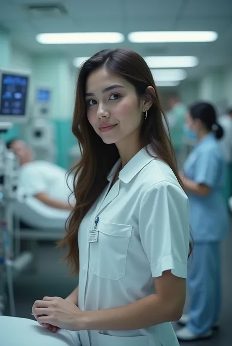 A Brazilian woman in a hospital in the ICU sector,  dressed as a nurse,   long hair, brown eyes 