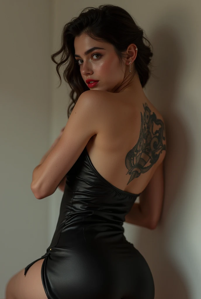 Beautiful woman, arched in doggy position, tattoo, revealing dress