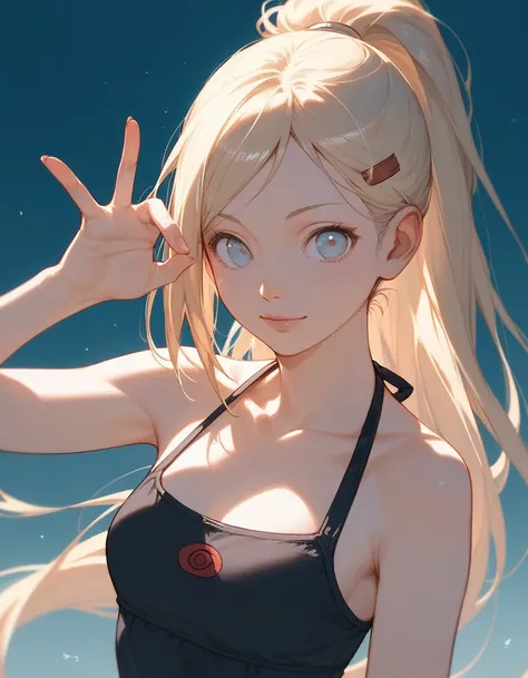 close up, score_9, score_8_up, score_7_up, (solo), 1girl, ino yamanaka, long hair, naruto, blond hair, medium breast, (pose), ponytail, hands, hand sign,  fingers, halter top, big eyes, 