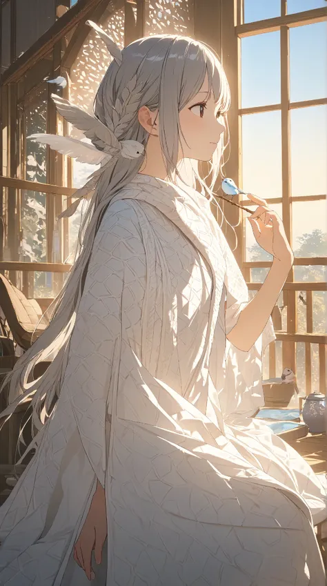 1 girl, ( cute face),  long hair, to many hairstyle,  small breasts,  light white dress ,  patterned scarf, feather accessory ,  Pottery skin , break,  under the blue sky, (Soft Light:1.2),  Serene Atmosphere , break, Gentle Breeze,  Bird Chirping , Fantas...