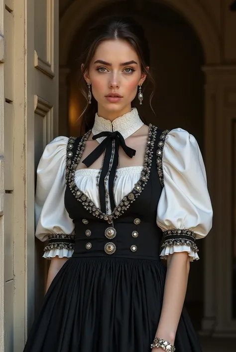 araffe woman in a black and white dress and a black and white shirt, cindy avelino, wearing an elegant outfit, wearing an ornate outfit, style of julia razumova, wearing an elegant dress, wearing black vest and skirt, jisoo from blackpink, nivanh chanthara...