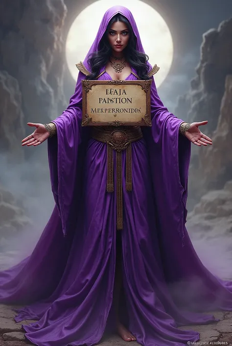 nana, Powerful lady dressed in purple, holding a sign with the phrase: "Umbanda Oxossi Ytayossi ", written in Portuguese