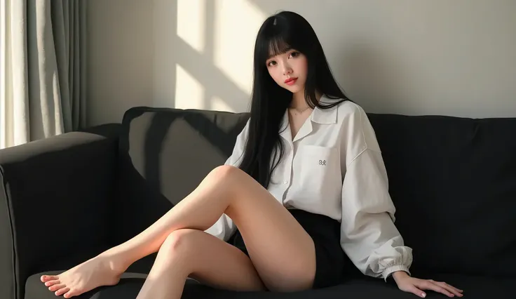  from the front、Daytime、 crosses legs、Adult feminine room 、1 person、alone、Asahi、Sitting on a black sofa、sit on a chair, cross ones legs、 black hair、 straight hair、Cute Korean、Dark Eyes、blunt bangs、white oversized white shirt、 black shorts 、