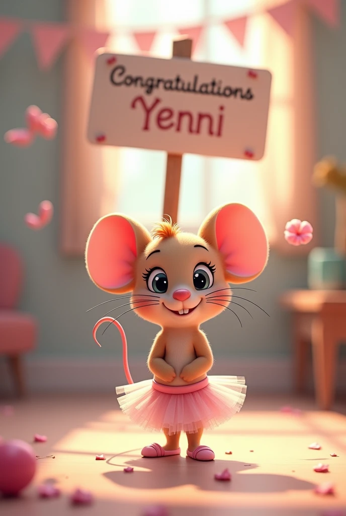  The Little Mouse from the Angelina Ballerina cartoon,  in the background a sign that says  (Congratulations Yenni ) 