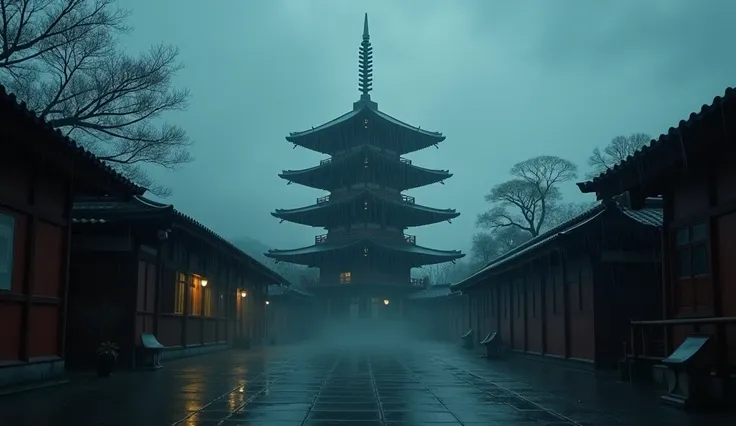 Dark establishing cinematic shot of a japanese pagoda, raining weather, cinematic low yellow window lights, cinematic blue lights, cinematic cool tone,