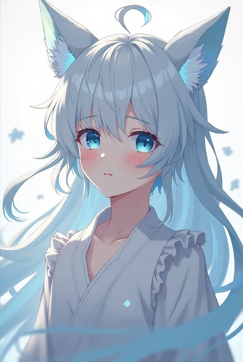 หนุ่มน้อย WITH LONG WHITE HAIR AND ANIME WOLF EARS WEARING WHITE CLOTHES AND LIGHT BLUE EYES