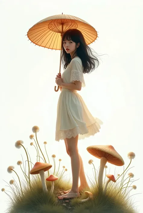 live-action、 real、Vignette、Wild grass base、 A Few Knee-length Mushrooms 、 very beautiful Japanese high school girl wearing a white lace dress、 black hair、Bob Hair、Patsun、Mushroom-shaped parasol 、White background、
