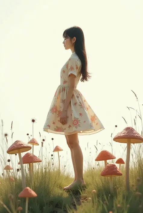 live-action、 real、Vignette、Wild grass base、 A Few Knee-length Mushrooms 、 Very Beautiful Japanese High School Girl Wearing A Mushroom-Patterned Dress、Mushroom Parasols 、White background、
