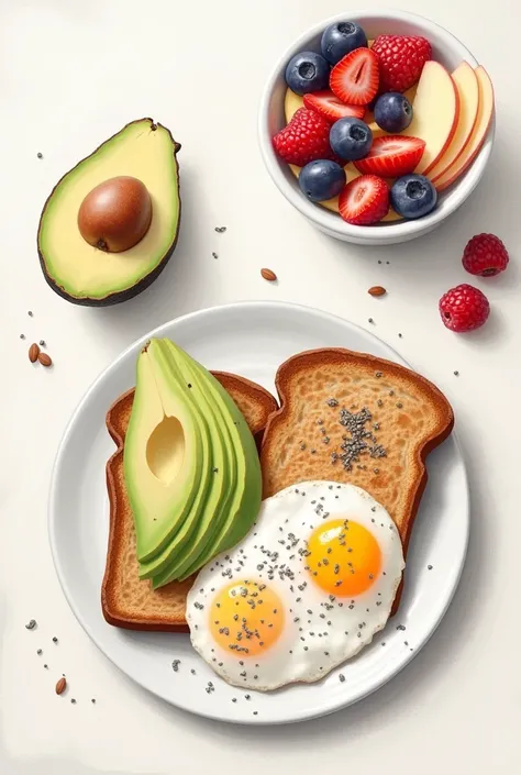 Whole-grain toast with slice avocado and poach egg in plate. And fresh fruit salad (berries, apple slices) with a sprinkle of chia seeds in bowl. But in the drawing style 