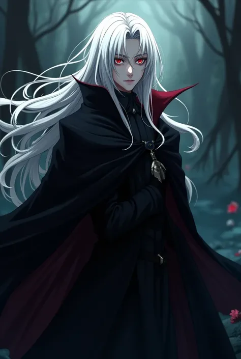 Anime boy with long white hair, black cloak, dark side, villain