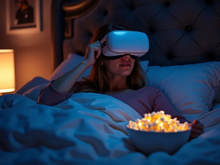  make an image for a movie event at night with some popcorn brand Actu, with a person lying in bed wearing virtual reality glasses 